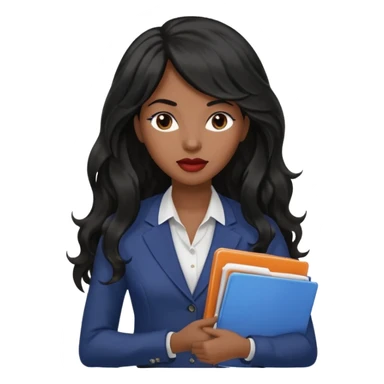A young woman with long black hair, a wavy frange falling on half of her head. There's a long wavy stretch of hair falling on the side of her head. She's black, medium to dark skinned with thick lips. She's holding folders, and she's a CEO, but she's wearing casual clothes. she has long eyelashes. sticker