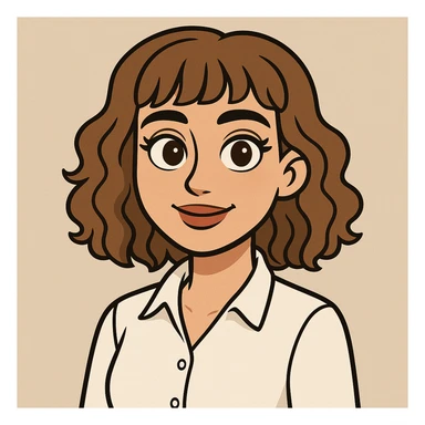 cartoonish AI avatar of a young woman, 22, brown eyes, light brown slightly curly shoulder-length hair with bangs, subtle makeup, white dress shirt sticker