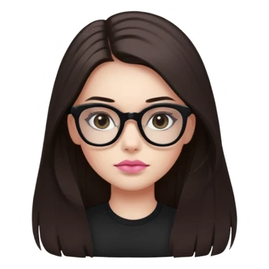 A Girl with dark straight long hair, divided in the middle hairstyle. white skin, black coloured eyes, wearing a black shirt and a tortoise framed glasses. Her mounth is light old pink. sticker