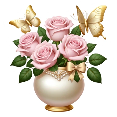 Realistic aesthetic bouquet of roses. Three white and three light pink in a pearl vase and a beige bow with gold decoration and a butterfly with gold and beige wings sticker