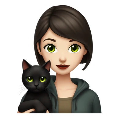 A teenage girl with white skin, she have some green hazel eyes, red lipstick, mid long straight dark brown hair, she have an eyeliner and she is holding a black cat in her arms, view from close sticker