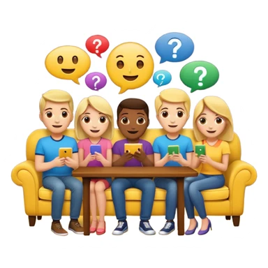 group of friends on couch playing a trivia game couch should be deep dark yellow color.  include a small wooden table in front of the couch as well.  Add smiling face emoji and question marks above their heads sticker