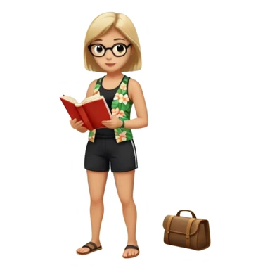 librarian at the beach with black shorts and hawaiin tank top reading a book sticker