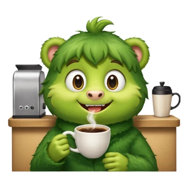 Cut the Rope's Om Nome in barista's suite with a cup of cofee sticker