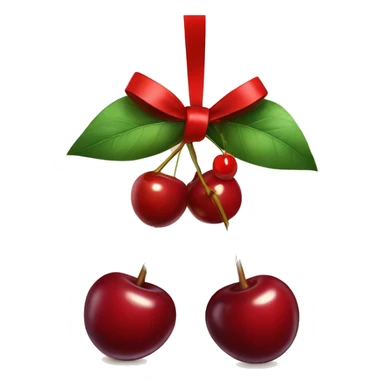 An emoji of two cherries hanging from a ribbon bow, with the cherries dangling below the tied bow sticker
