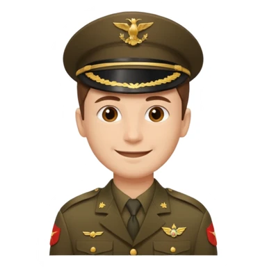 man with short brown hair and fair skin (without a mustache), wearing a brown military uniform, smiling."
 sticker