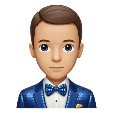 Fred Astaire with brown hair, dark blue sequin suit with bow tie sticker