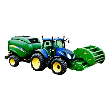 Baler – New Holland Roll-Belt 560 (2018) – Cinematic-realistic John Deere 6155M tractor towing a New Holland Roll-Belt 560 baler, its deep green body contrasting with the bright blue baler. The massive machine moves steadily through golden fields, compressing freshly cut hay into tight round bales, while dust swirls under the blazing afternoon sun. sticker