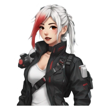Gorgeous techwear anime style lady with blushing face aesthetic and pretty edgy black red white punk messy hair with collar and harness trending style sticker
