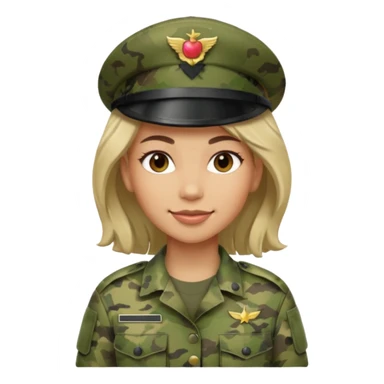 Female soldier emoji in Apple style, no cap/helmet, bust portrait, gentle smile, generic camo, hair visible, soft gradients, transparent PNG sticker