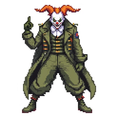 evil clown soldier, bald, small black horns on forehead, fangs, pointed ears, eye patch over one eye, long coat over black and military green clothes with bellbottom pants, tail, realistically proportioned, less bulky, full body, fighting stance sticker