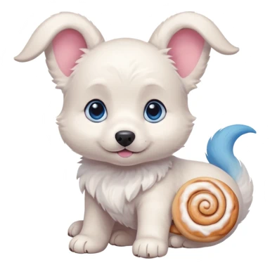 a shy but friendly white puppy with long ears that let him fly, blue eyes, pink cheeks, and a tail shaped like a cinnamon roll sticker