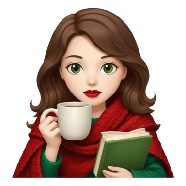Long wavy brown haired, white skinned, dark green eyed girl with red lipstick wrapped in a blanket, sipping tea and reading a book sticker
