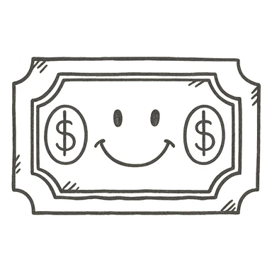 rectangular ticket icon with cut corners, details inspired by dollar bill, smiling sticker