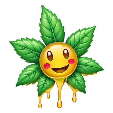 generate an emoji-style image of a juicy gummy shaped like a marijuana flower, make it colorful and with liquid dripping out sticker