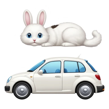 Please create a small emoji the size of 🚗 featuring a pure white cat with bunny tail with blue eyes on a white saloon car viewed from side. Again it is necessary that the emoji must be extremely small, much smaller than a standard sized sticker. sticker