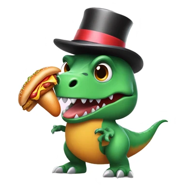 T-Rex wearing a hotdog costume , and a top hat holding a chicken sticker
