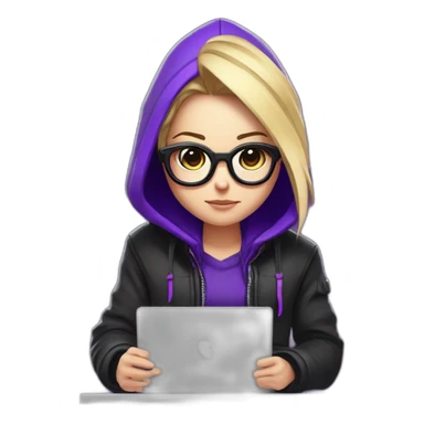 Girl blond artist with round glasses left side behind his laptop with this style: valorant riot Game purple character purple black hooded hacker themed character sticker