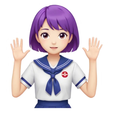 Anime girl with short bright purple hair wearing Japanese sailor style school uniform, composed posture with hand on hip but shyly waving with other hand, blushing face and timid smile sticker