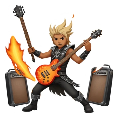 An icon showing a rock musician wielding a guitar in an epic battle, inspired by Brutal Legend. The design features fiery backgrounds, musical notes floating in the air, and electrifying stage lights, capturing the power of music and combat. Transparent background highlights the energy. sticker