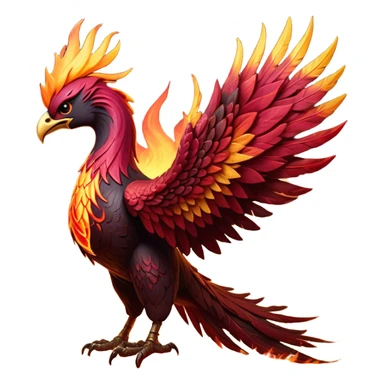 Cinematic Noble Battle-Hardened Mystical Fire Phoenix Portrait Emoji, with scorched, battle-scarred plumage in deep crimson, burnt gold, and smoldering ember hues. Its piercing eyes, hardened by countless conflicts, blaze with unyielding resolve and ancient wisdom. The elongated tail feathers bear vivid marks of fiery combat, rendered with lifelike texture and dynamic highlights, high shine, exuding an aura of mythic martial valor, focused and commanding, with a soft glowing outline that captures a phoenix forged in the fires of war. sticker