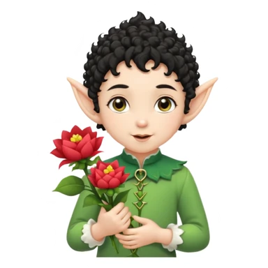 Tiny elf baby black curly hair with pointy ears, hold flowers sticker