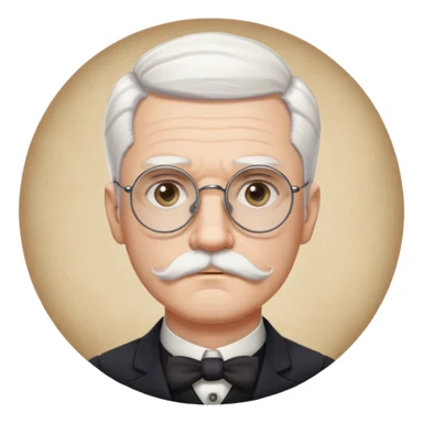 Hair: Likely a neat, early 1900s style haircut, possibly parted to the side.
Facial Hair: He had a mustache in some photos.
Eyesight: He wore round or oval glasses.
Demeanor: He often had a serious, thoughtful expression, white hair and white mustache sticker