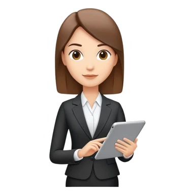 A flat-style illustration of a business executive confidently, holding a digital tablet or folder. The character wears smart business attire, clean cartoon style, white background, iOS emoji aesthetic. sticker