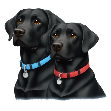 2 happy adult black labradors side by side, one with red colour, other with light blue collar sticker