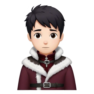 Medieval winter outfit worn by a DnD themed fantasy male character. Heavy maroon wool tunic with rabbit fur trim, featuring a high collar with silver clasps, belted with a sturdy leather strap. Clothes only above the waist, full waist coverage. The character has no arms. Character is white-skinned with raven black hair, deep brown eyes, and short messy hair dusted with snowflakes. sticker