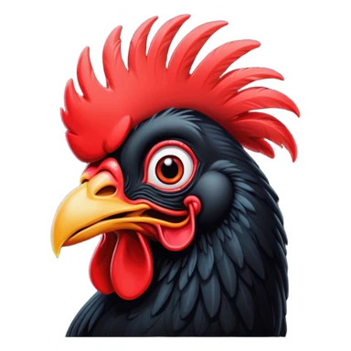 Cinematic Comical Black Rooster Portrait Emoji, Head tilted dramatically with an exaggeratedly shocked or amused expression, featuring a striking pure black plumage with a bold red comb, wide, expressive eyes filled with playful disbelief, Simplified yet hilariously expressive features, highly detailed, glowing with a slightly sassy glow, high shine, dramatic yet playful, stylized with an air of cheeky mischief, bright and endearing, soft glowing outline, capturing the essence of a spirited and over-the-top rooster, so meme-worthy it feels like it could crow its way into internet fame instantly! sticker