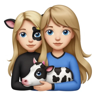 Apple-style emoji sticker of a young woman with long dark blond hair and bang, blue eyes , holding a cat black and white like a cow patch on her chest.  sticker