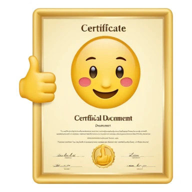 A simple emoji of a certificate document with a seal and a thumbs-up symbol, representing qualification or certification emoji style sticker