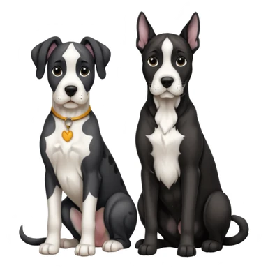 Adult Black and white great dane dog with cropped ears sitting with a small black and white cat sticker