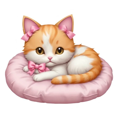light orange and white kitten with a satin pink bow sleeping on a satin white cat  ed sticker