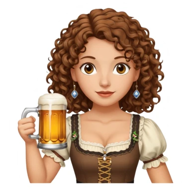A white woman with brown, shoulder-length curly hair and brown eyes she is wearing a dirndl and holding a beer stein sticker