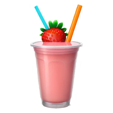 A strawberry banana smoothie with a (orange colored straw in a plastic cup) sticker