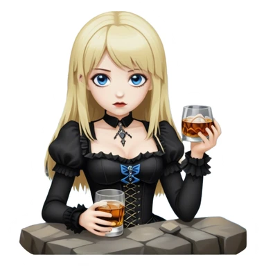 drunken misa from deathnote, blue eyes, gothic outfit, whiskey on the rocks sticker