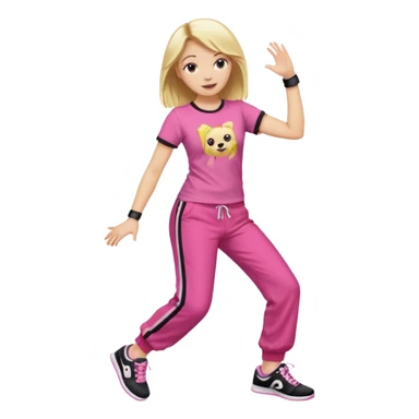 Hiphop dancer, with cute big pants, sneakers, and t-shirt. White girl blond. Coloufull shirt. No pocket pants. Dancing. Pink and black plain outfit. No sweatbands on the wrist, black music box behind her. sticker