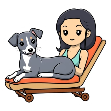 Very thin Chinese woman with long black hair relaxing on a spa lounger with exactly ONE Italian greyhound. CRITICAL REQUIREMENT: the dog must be ONE SOLID VERY DARK CHARCOAL GREY (almost black-grey) COLOR from nose to tail with NO WHITE or LIGHT AREAS anywhere - NO white face, NO white muzzle, NO white chest, NO white paws, NO white tail tip - NOTHING BUT A SINGLE SHADE OF VERY DARK GREY throughout the entire animal sticker