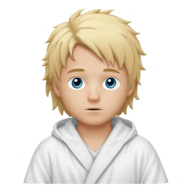 Create a blond boy with long, messy hair, light eyes, a white t-shirt, long hair, blue eyes, medium length, voluminous, wearing a white Nike bathrobe and a little blush near his nose. He also wears a balaclava, the kind a gangster balaclava wears, covering his entire face, and make him cute. sticker