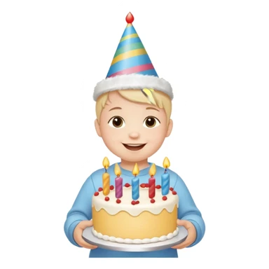 cute baby wearing birthday hat with birthday cake sticker