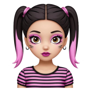 generate a pretty fair bratz girl with dark brown eyes. Dark brown hair straight hair with pink highlights tied into buns.  eyeliner. black lipstick. Black and white striped top.  sticker