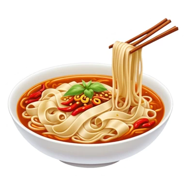 Xi'an Biangbiang noodles with extra wide belt shape and chili oil, simplified emoji style with bold outlines and bright colors, cartoon style Shaanxi specialty sticker