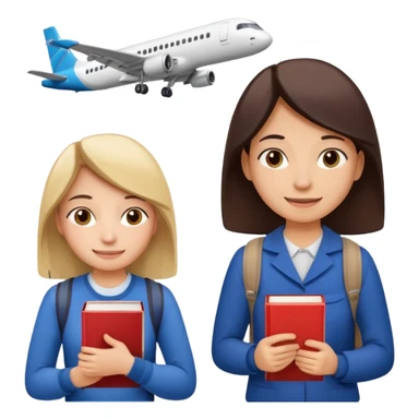 Create two emoji characters.

Left: a stressed, sad student preparing for IELTS, holding books and coffee, tired face, exam stress.

Right: a happy confident student after IELTS, traveling abroad, airplane, university, freedom, smiling.

Style: emoji, clean, simple, white background. sticker