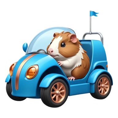dark crystal blue and rosegold-accented cyber truck style-faceted-body electric racing car driven by a small cute but relaxed Guinea pig with rear spoiler, roll bar, and wheely bar sticker