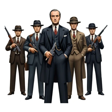 Vintage noir poster with Don Corleone surrounded by gangsters holding Thompson submachine guns. Dark and moody atmosphere with shadows, suits, and a mysterious vibe. Background features New York skyscrapers, adding to the gritty, classic gangster film feel. Transparent background. sticker