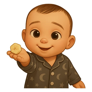Transform the child from the reference image into a gentle 3D cartoon sticker style reminiscent of DreamWorks and Pixar, with soft 3D illustration qualities. Preserve the child's unique appearance, pose, facial expression, and the piece of banana in hand. Use softer, more natural colors matching the reference image, avoiding overly saturated tones. Remove the background, keep all details, and maintain the emotion of sharing in the image. sticker