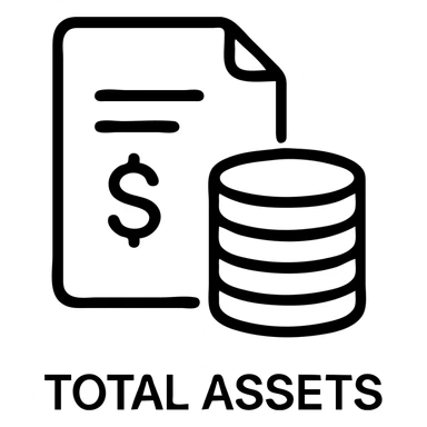 minimalist outline icon representing total assets, stack of coins and a document sticker