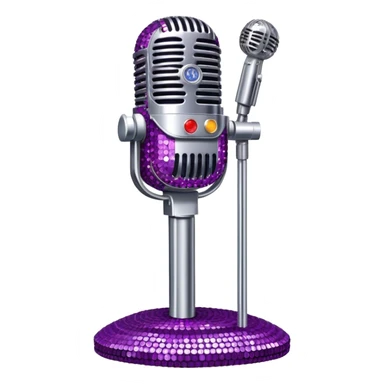 Create a glamorous and vibrant emoji representing stage vocal performance. The design should feature a humanless collage of classic vintage microphone, stage costume covered in rhinestones, sparkling brightly. The costume should be stylized, with glittering elements like sequins and sparkles, and reflect the glitzy, extravagant nature of show business. The microphone should have a sleek, retro look with chrome or metallic accents. Use rich, dazzling colors like gold, silver, deep purple, and bright red to evoke the glamorous, larger-than-life feel of a stage performance. The background should be transparent. sticker